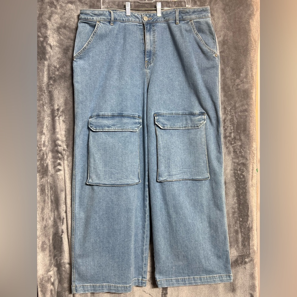 Light Blue Cargo Flare Wide Leg Denim - featured on plus size runway